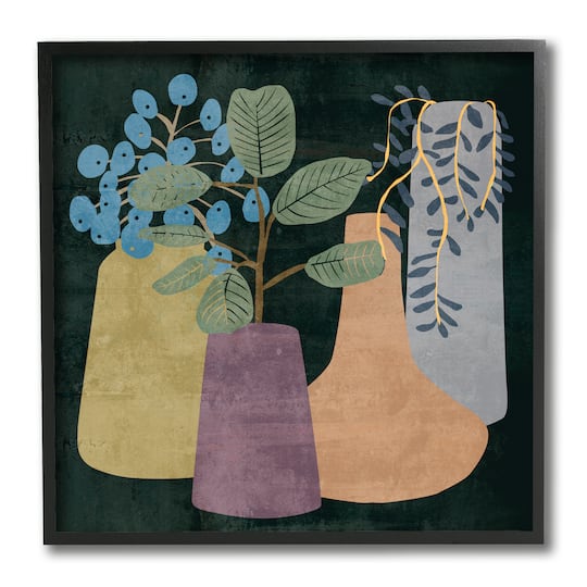 Stupell Industries Eucalyptus Plants in Decorative Vases over Black,12" x 12"